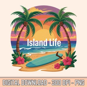 Island Life Tropical Beach PNG, Sunset Surfboard Scene with Palm Trees and Flowers, Summer Vacation Clipart, Digital Download PNG