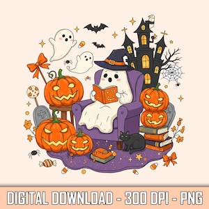 Cute Ghost Reading PNG, Halloween Clipart with Pumpkins, Haunted House, Candy and Black Cat, Cozy Spooky Story Scene, Digital Download PNG