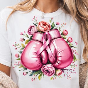 Pink Boxing Gloves Clipart with Ribbon and Flowers Breast Cancer Awareness Sublimation Design Fight Support Art Digital Download PNG
