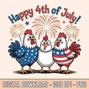 Funny 4th of July Chicken Clipart with Fireworks, Patriotic Roosters in USA Flag Outfits, Farm Animal Independence Day Digital Download PNG