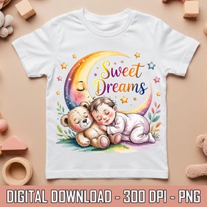 Sweet Dreams Baby Sleeping with Teddy Bear PNG, Cute Moon and Stars Nursery Clipart, Dreamy Nighttime Baby Sublimation Art Digital Download