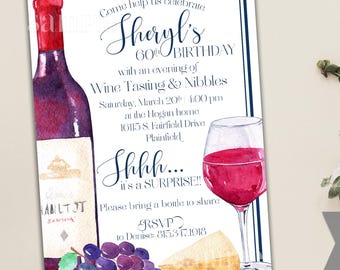 Faire-part dégustation de vins - anniversaire, soirée entre filles, shower de bébé (imprimé ou imprimé)