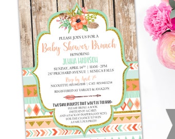 Tribal / Boho / Rustic / Coral & Aqua / Baby Shower Invite - PRINTABLE or PRINTED Invitations