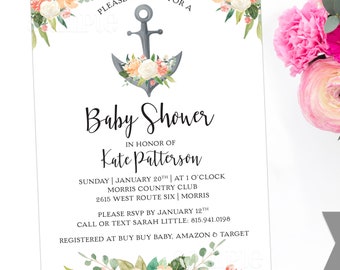 Nautical / Blush Floral / Anchor / Baby or Bridal Shower Invite - PRINTABLE or PRINTED Invitations