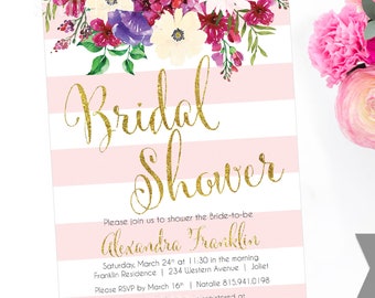 Floral Bridal Shower Invitation - Pink, Gold, Striped (Printable or Printed)