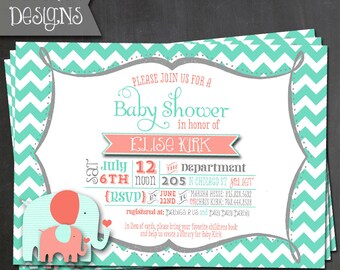 Aqua & Coral Elephant Baby Shower Invite - DRUCKBAR oder GEDRUCKT Einladungen