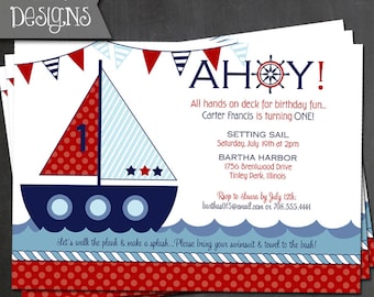 Nautical Sailboat Birthday or Baby Shower Invitation - PRINTABLE or PRINTED invitations