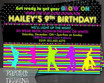 Neon Glow in the Dark Birthday Invite - PRINTABLE or PRINTED Invitations