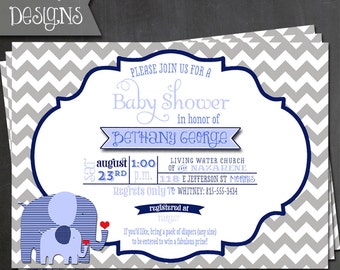 Elephant Baby Boy Shower Invitation - PRINTABLE or PRINTED Invitations