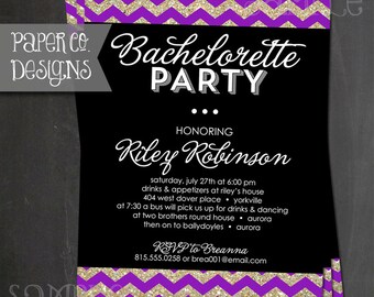 Faux Glitter Bachelorette Party Invitation – Black, Gold, Purple (Printable or Printed)