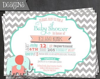 Elephant Baby Shower Invitation - Gray Chevron - PRINTABLE or PRINTED Invitation