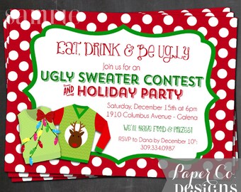 Polka Dots Ugly Sweater Christmas/Holiday Party - PRINTABLE or PRINTED Invitation
