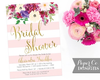 Blush / Pink / Striped / Floral / Gold / Bridal Shower Invite - PRINTABLE or PRINTED Invitations