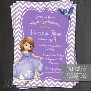 May include: Purple invitation with a chevron pattern. The invitation features a cartoon image of Princess Sofia from the Disney Junior show Sofia the First. The text on the invitation reads "Join us for a Royal Celebration... Princess Elise is turning 4! Sunday, August 31st 1 o'clock Funk's Pool Palace 473 Edgewater Dr. Morris Don't forget your swimsuit & towel! Paper Co. Designs"