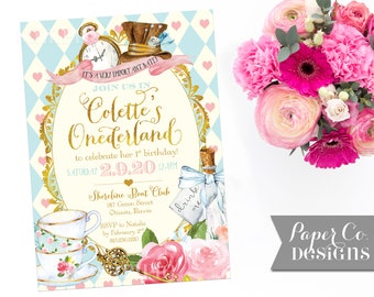 Alice in One-derland Birthday / Alice in Wonderland / Tea Party Invite - PRINTABLE or PRINTED Invitations