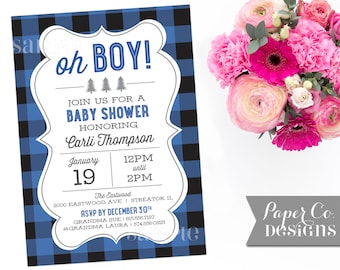 Blue Buffalo Check / Woodsy / Rustic / Buffalo Plaid / Baby Shower Invite - PRINTABLE or PRINTED Invitations