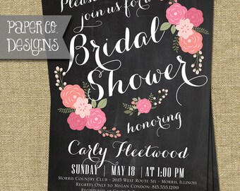Floral Chalkboard Bridal Shower Invitation - PRINTABLE or PRINTED Invitations