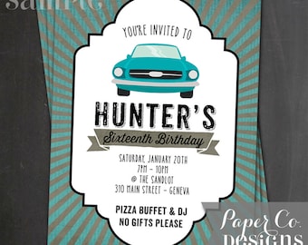Vintage Car 16th Birthday Invite - PRINTABLE or PRINTED Invitations