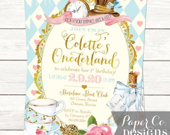 PRINTABLE or PRINTED Invitations - Alice in Wonderland Onederland First Birthday Invite