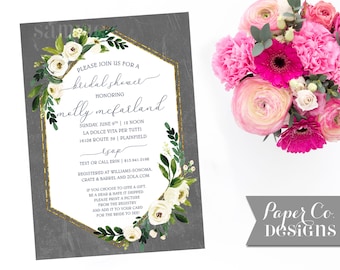 White Floral Shower / Birthday Invite - PRINTABLE or PRINTED Invitations