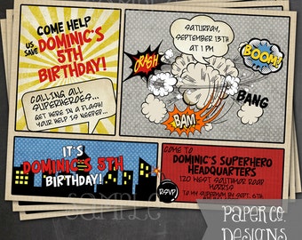 Superheld Comic-Geburtstags-Party einladen - PRINTABLE oder GEDRUCKTE Einladungen