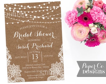 Burlap, Lace & Lights / Rustic / Farmhouse / Chic / Bridal Shower Invite - PRINTABLE or PRINTED Invitations