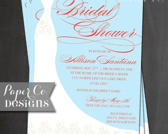 Bridal Gown Shower Invitation - PRINTABLE or PRINTED Invitations