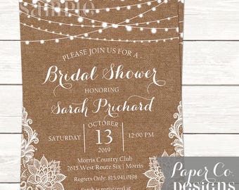 Burlap Lace Bridal Shower Invitation – Rustic Twinkle Lights (Printable or Printed)