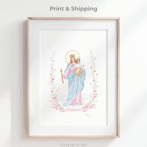 May include: A framed art print featuring a watercolour illustration of Mary Help of Christians holding the infant Jesus. Both figures wear gold crowns, surrounded by a floral wreath and clouds, with the text Mary Help of Christians below.