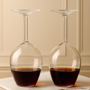 Puede incluir: Dos copas de vino transparentes, cada una con un tallo largo y un cuenco redondo, llenas de vino tinto. Las copas están boca abajo, apoyadas sobre una superficie blanca. El fondo es de color beige claro.