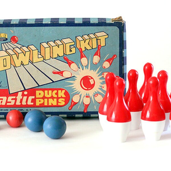 Bowling Kit with Plastic Duck Pins De Luxe Game Corp Tabletop Bowling Toy 1950s