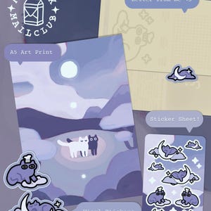May include: A stationery set featuring an A5 art print of two cats in a moonlit landscape, a sticker sheet with cat and moon designs, and individual vinyl stickers. The set includes a letter with the text Letter from me <3 and a logo MLKBOX MAILCLUB.