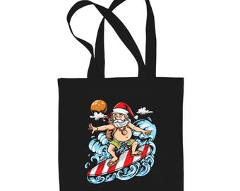 Graphic Canvas Tote Bag, Surfing Santa Print, Reusable Eco Bag