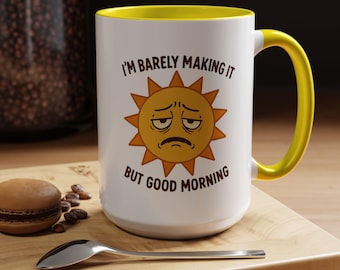 Tazza da caffè "Buongiorno, ce la faccio a malapena", tazza da caffè umoristica