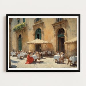 Italian Summer Wall Art Romantic Piazza Print Woman in Red Dress Mediterranean Café Fine Art Print Oil Painting Style Palermo Gift