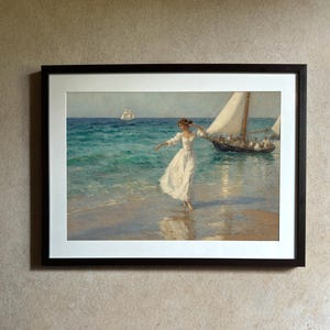 Stampa artistica romantica da parete costiera, donna che balla sulla spiaggia, stile dipinto a olio, brezza marina, stile vintage, estate, mare