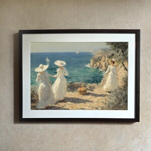 Stampa artistica romantica da parete costiera, donne che fanno picnic in riva al mare, abito bianco, pittura a olio, stile dipinto ad olio, vista sull'oceano estivo, scogliera, regalo per lei
