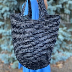 Minimalist Large Black Beach Tote - Summer Raffia Bag for Beach Accessories