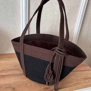 Handmade Straw Beach Bag - Brown/Black Crocheted Raffia Tote