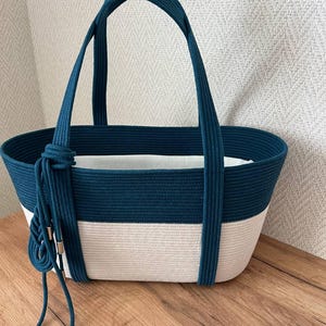 Large Raffia Beach Bag in Natural White & Blue | Minimalist Straw Tote