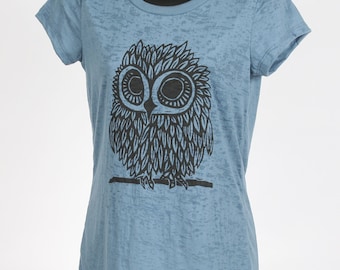 Owl on Women's Steal Blue Burnout T Shirt S, M, L, XL, XXL