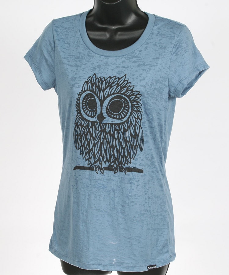 Owl on Women's Steal Blue Burnout T Shirt S, M, L, XL, XXL