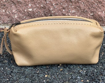 Handstitched Full Grain Leather Cosmetic Bag - Zippered Travel Pouch