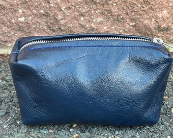 Handstitched Full Grain Leather Cosmetic Bag - Zippered Travel Pouch