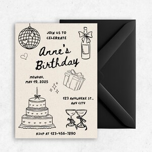 Invitation d'anniversaire à la mode dessinée à la main de style Doodle | Modèle de toile modifiable | Boule disco et design de cocktail noirs et beiges | Téléchargement instantané