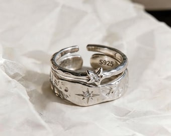 Y2K Star Ring Set | Irregular Silver Rings Adjustable Stacking Rings | Geometric Statement Jewelry | Celestial Star Ring | Gift for Her