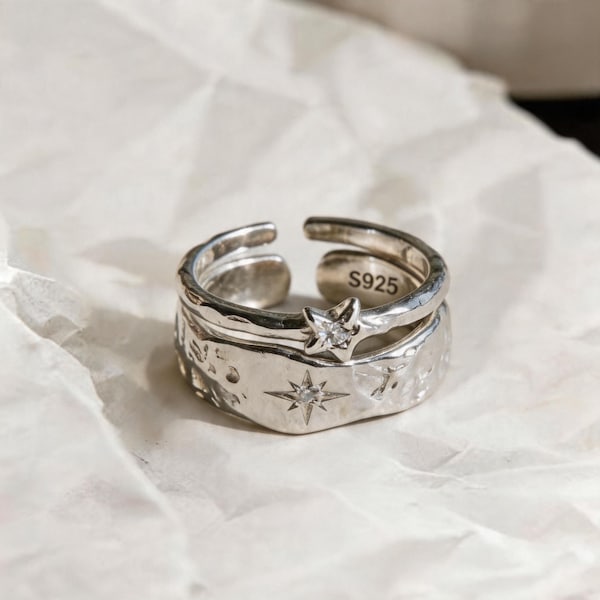 Y2K Star Ring Set | Irregular Silver Rings Adjustable Stacking Rings | Geometric Statement Jewelry | Celestial Star Ring | Gift for Her