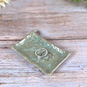 Small Green ceramic Leaf print ring dish, botanical pottery , 3.5 x 2 in tray, plant stamp dish, spoon rest, tea light holder