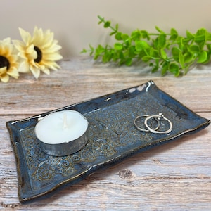 Small Rectangle Blue brown pattern Tray 5x3 inches, textured pottery, boho ceramic dish, jewelry tray, stoneware catchall dish, rustic decor