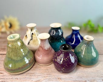 Mini Ceramic Bud Vase, Stoneware decor, Artisan wheelthrown vase, cute mommy pot for miniature home or desk gift